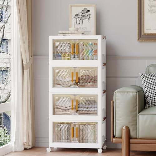 Fixwal 23QT Plastic Foldable Storage Bins with Lid, Stackable Garage Storage Cabinet, Closet Organizers and Storage with Lockable Wheels for Office, Bedroom, Toy Organization, 4 PACK Cubes