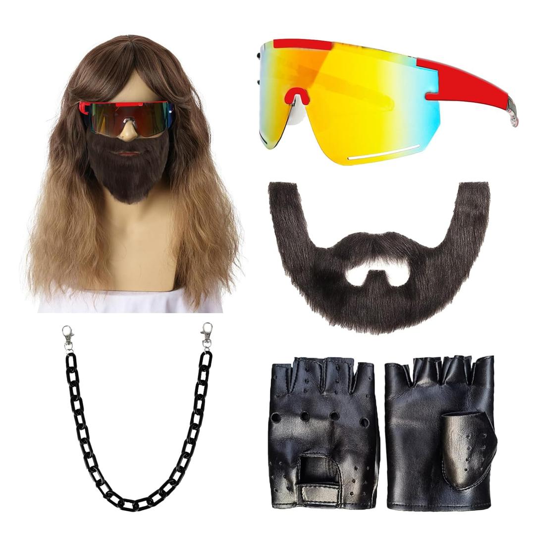 ATAYOU Brown Wavy Ombre Wig with beard Glasses Glaove Pants Chian for Men Halloween Cosplay Accessories