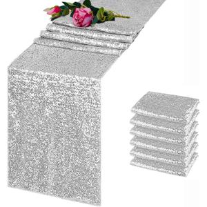 6 Pack Silver Sequin Table Runner 12x108 Inch, High Density Sparkly Glitter Table Runners for Wedding Reception, Birthday Party, Banquet, Baby Shower, Silver Metallic Shimmering Decor