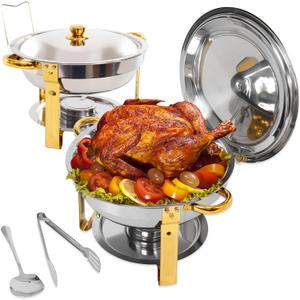 2-Pack Round Chafing Dishes for Buffet, 5QT Stainless Steel Buffet Chafing Set for Catering, Parties & Events (Half-golden)