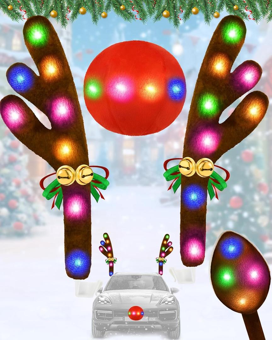 Christmas Reindeer Antlers Car Decoration Kit, LED Lights Nose Vehicle with Jingle Bells Rudolph, Auto Holiday Accessories for SUV Van Truck Decor Multicolor
