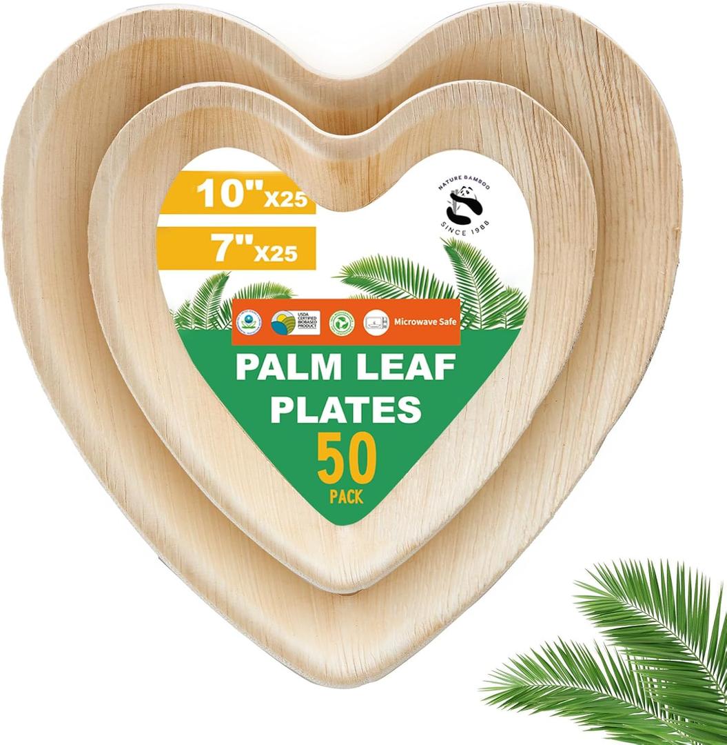 7-Inch & 10-Inch Disposable Palm Leaf Bundled Plates [50 Pack] Premium Food-Grade Durable Compostable Plates, Ideal For Lunch, Dinner, Weddings, Parties, Camping, And Catering Events [Heart-Shaped]