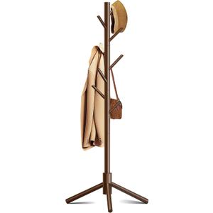 Wooden Coat Rack, Free Standing Coat Rack with 8 Hooks 3 Adjustable Heights for Clothes, Hats, Handbags, Coat Tree Easy Assembly for Entryway, Bedroom, Hallway, Office (New Brown) (1PC)