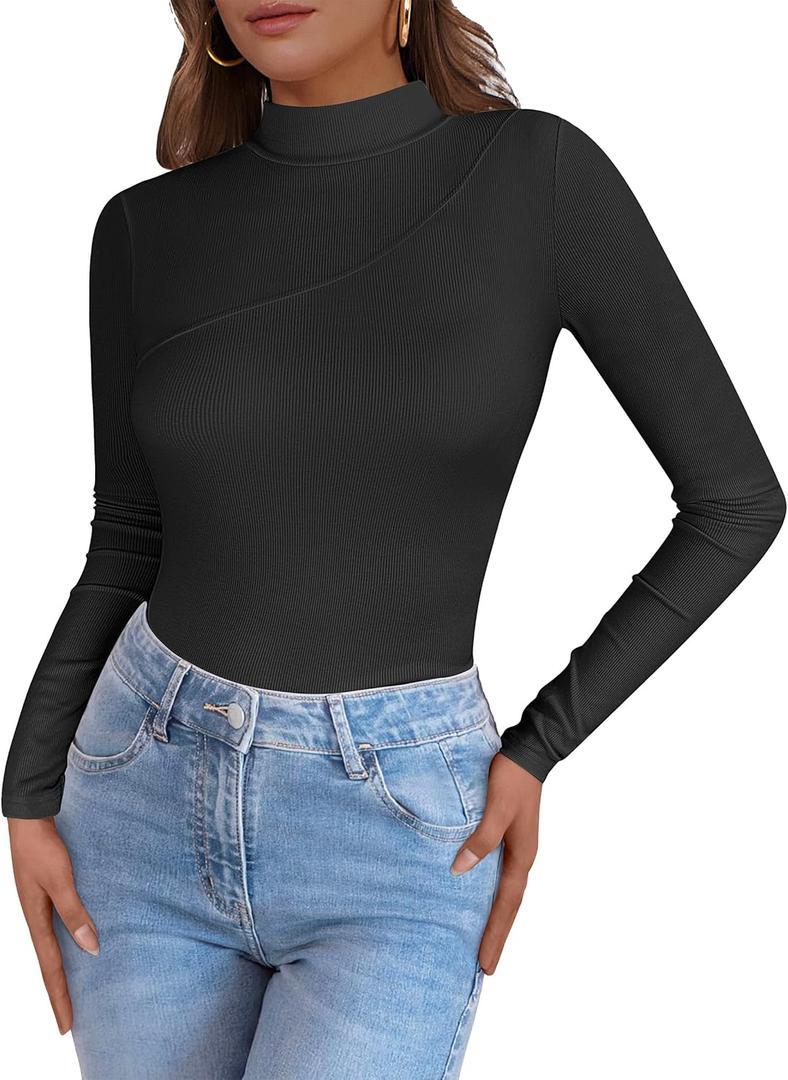 Caracilia Women Long Sleeve Shirts Mock Neck Ribbed Knit Lightweight Tight Tops 2025 Fall Slim Fitted Basic Tees Black Small