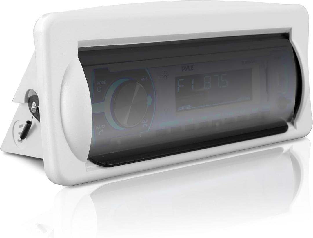 PYLE Water Resistant Marine Stereo Cover - Smoke Colored Heavy Duty Boat Radio Protector Shield with Flip-up Door & Spring Loaded Release - Mounting Gasket Included - Pyle PLMRCW2,White