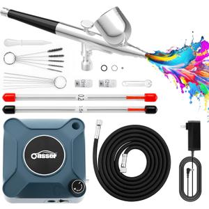 Airbrush Kit with Compressor, Dual Action 10.5L/min Auto Stop Airbrush Set, 0.2/0.3/0.5mm Nozzles 7cc Cup, 12V DC Plug-in Air Brush for Nails Makeup Model Painting Tattoo Blue