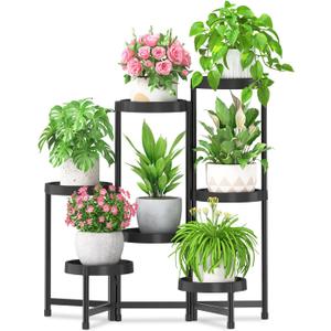 iDavosic.ly 7 Tier Folding Plant Stand Indoor Outdoor with Plastic Tray, Tiered Corner Flower Holder Shelf, Metal Orchid Display Rack for Patio Porch Living Room Garden Balcony, Modern Black