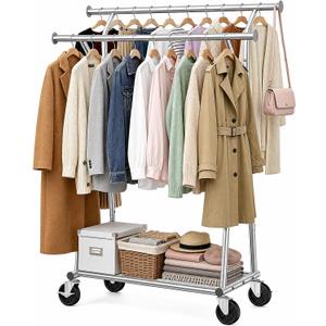 Heavy Duty Clothes Rack - Load 600 LBS, Double Rod Clothing Rack for Hanging Clothes with Shelves, Portable Garment Rack for Bedroom, Laundry, Living Room, Silver
