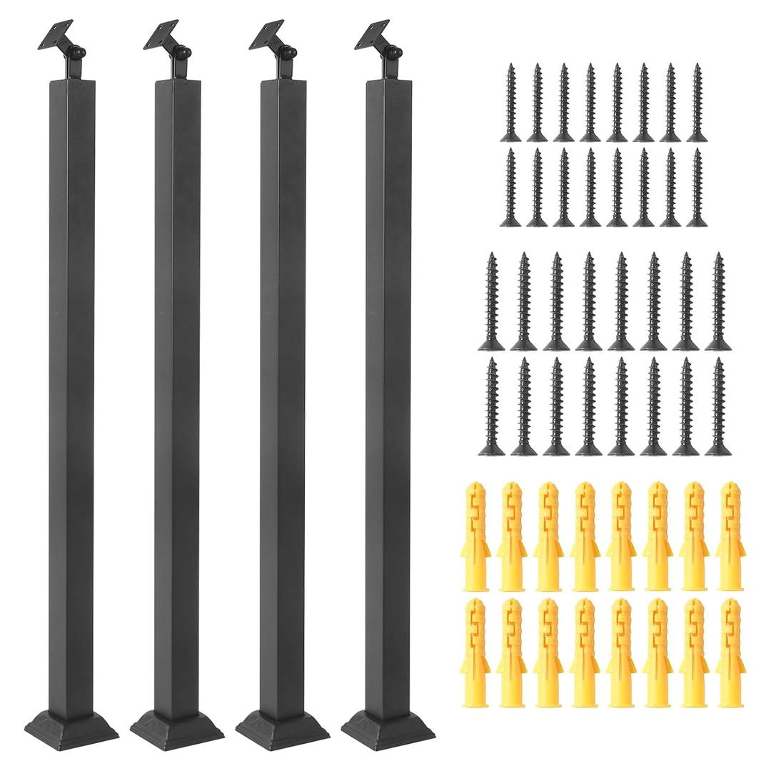 Stair Baluster Post 4 Pack, Black Square Stair Railing Kits Indoor Outdoor, Metal Stair Post with 270 Adjustable Railing Spindles and Base and Screws for Stair, Porch, Deck, Steps