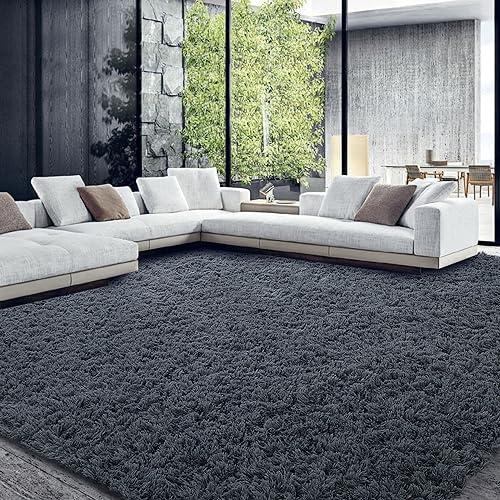 HOMBYS Shaggy Area Rug 8x10 Feet, Ultra Soft Large Plush Faux Fur Carpet, Non-Skid Bedroom Living Room Rug for Kids Playroom Home Decor, Dark Grey