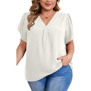 Women's Plus Size Casual Blouses Solid Business Work Tops Petal Short Sleeve V Neck Loose Fit T Shirt Summer Trendy 2026p (White, 4XL)
