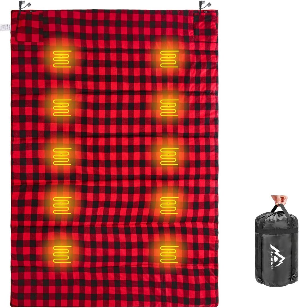 Heated Sleeping Bag pad, Heated Sleeping Bag Liner, 5 Heating Zones, Multi USB Power Supported, Operated by Battery Power Bank or Other USB Power Supply, Compact Bag Included. (Red Flannel-double)