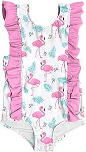 RAISEVERN Baby Girls Flamingo Swimsuit 3T Ruffles Heart Bathing Suits 4T Cute Hawaiian Palm Tree Beach Sport Summer One Piece Swimwear Backless Quick-Dry Swimming Bodysuit for Size 3t 4t Little Girl
