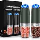 Gravity Electric Pepper and Salt Grinder Set, Adjustable Coarseness, Battery Powered with LED Light, One Hand Automatic Operation, Dark Green - 2 Pack
