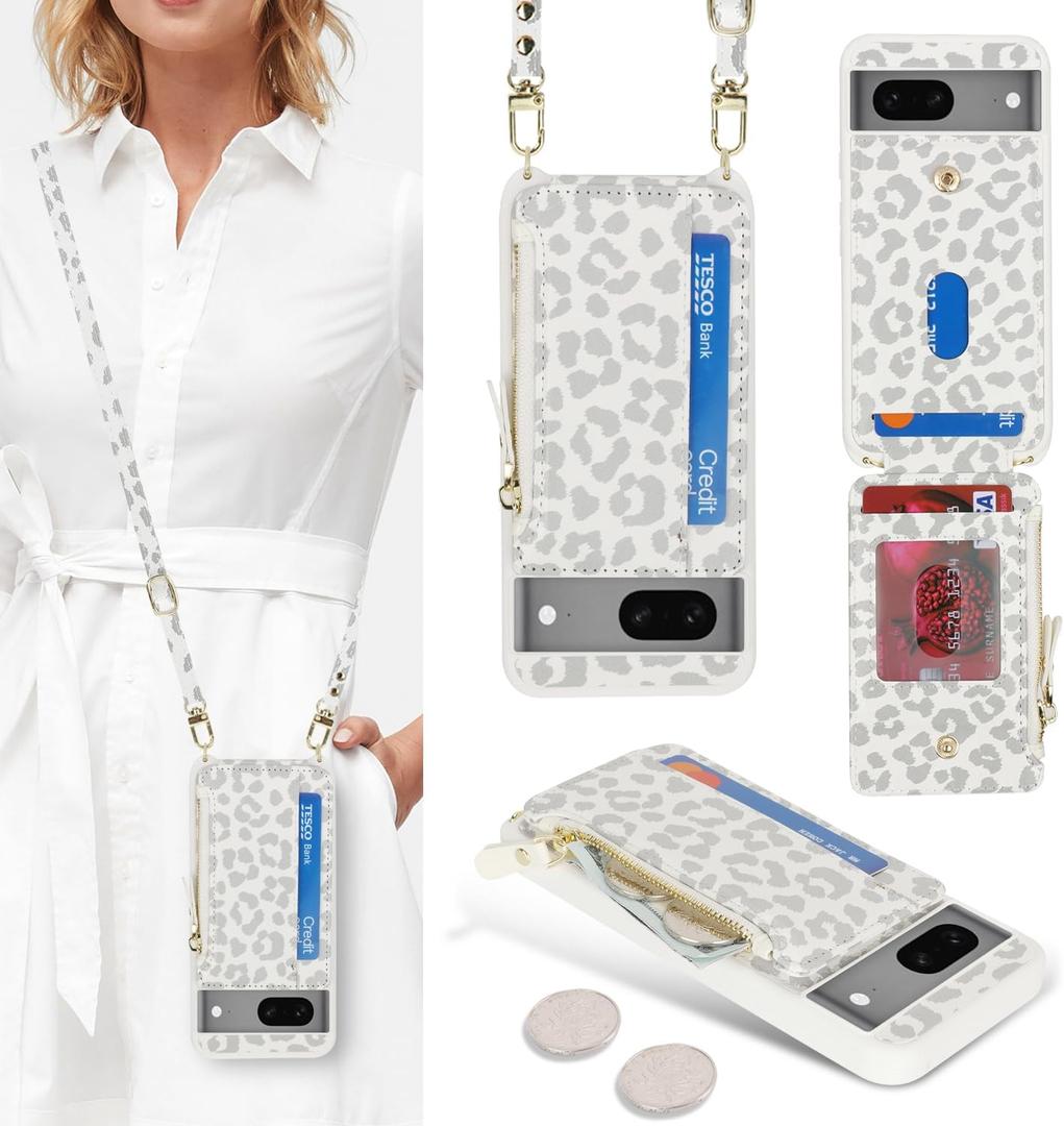 Cavor Compatible with Google Pixel 7 Case Wallet, Pixel 7 Crossbody Phone Case with Strap, Wallet Cover for Women,Leather Zipper Pocket Card Holder-Leopard White