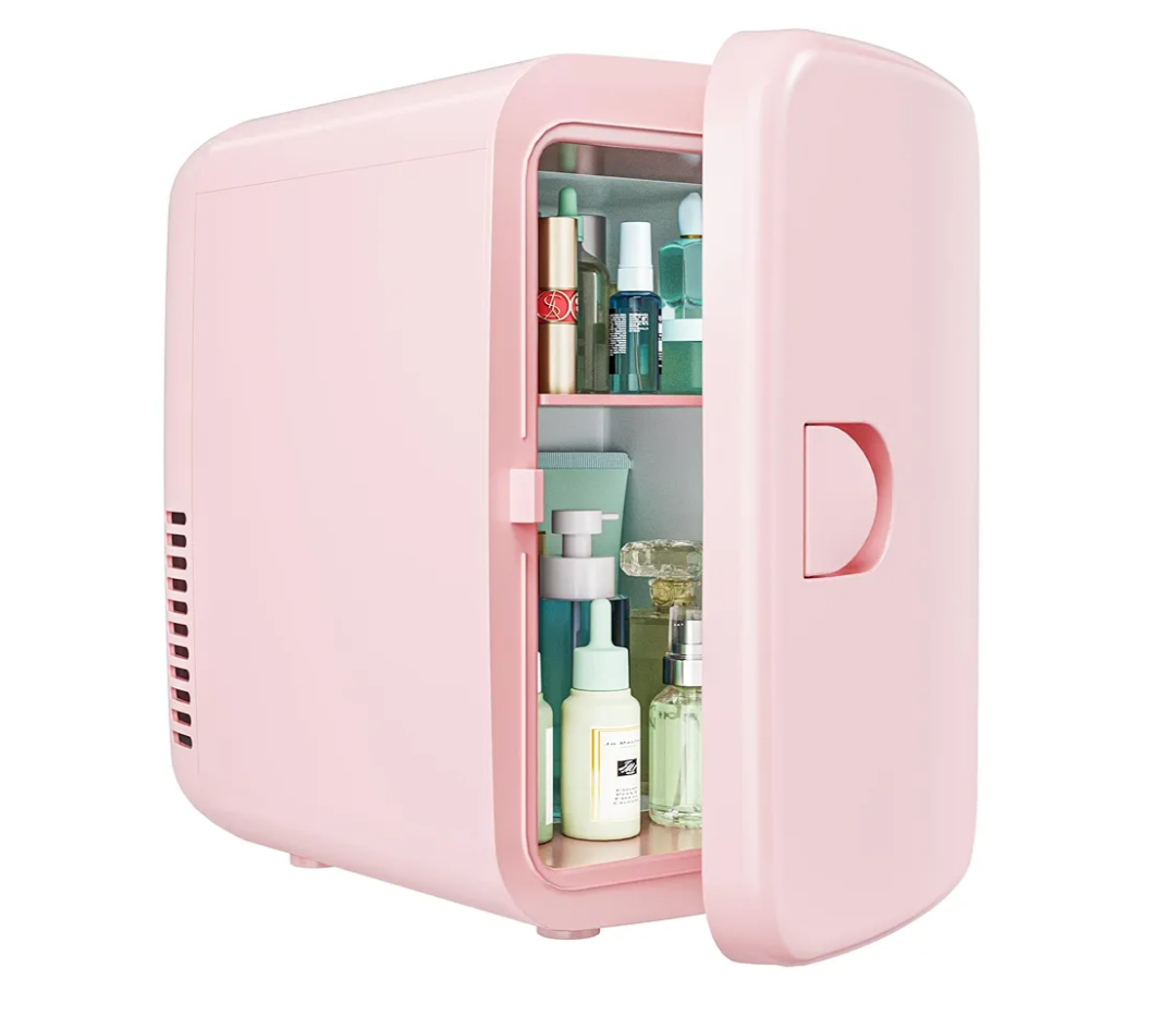 EUHOMY Mini Fridge, 4 Liter/6 Cans AC/DC Small Refrigerator for Skincare, Portable Cooler and Warmer for Skin Care, Cosmetics, Beverage, 4L Makeup Mini Fridge for Bedroom, Car, Office, Dorm, Pink