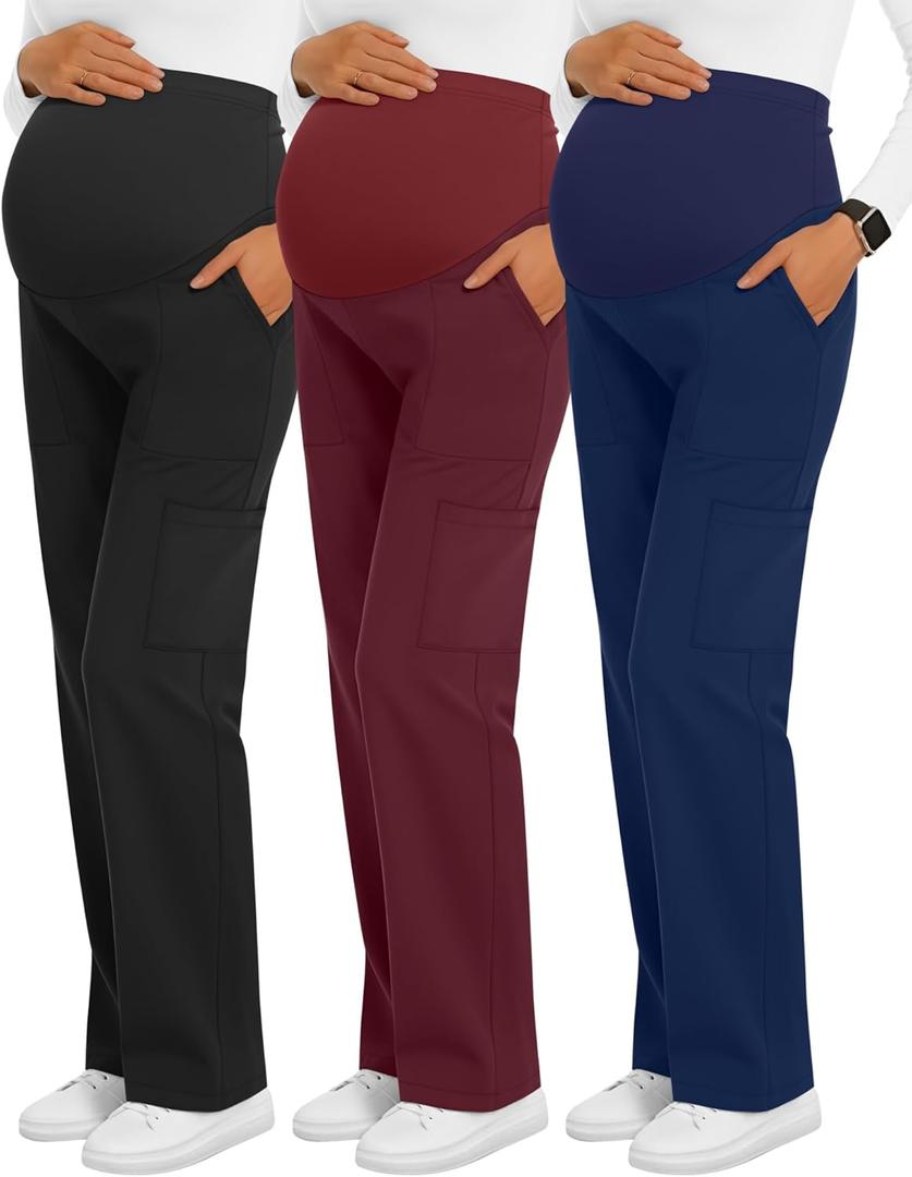 3 Pack Women's Maternity Scrub Pants 6 Pockets Cargo Pants Stretchy Comfy Workwear Straight Leg Pregnancy Pants, Large