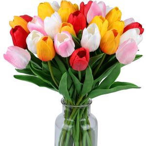 SITUMEIZI Fake Flowers Tulips Artificial Flower 15pcs Real Touch PU 14" for Spring Easter Home Kitchen Wedding Bouquet Bulk Mother's Gift Day Decorations(Assorted Colors,5)