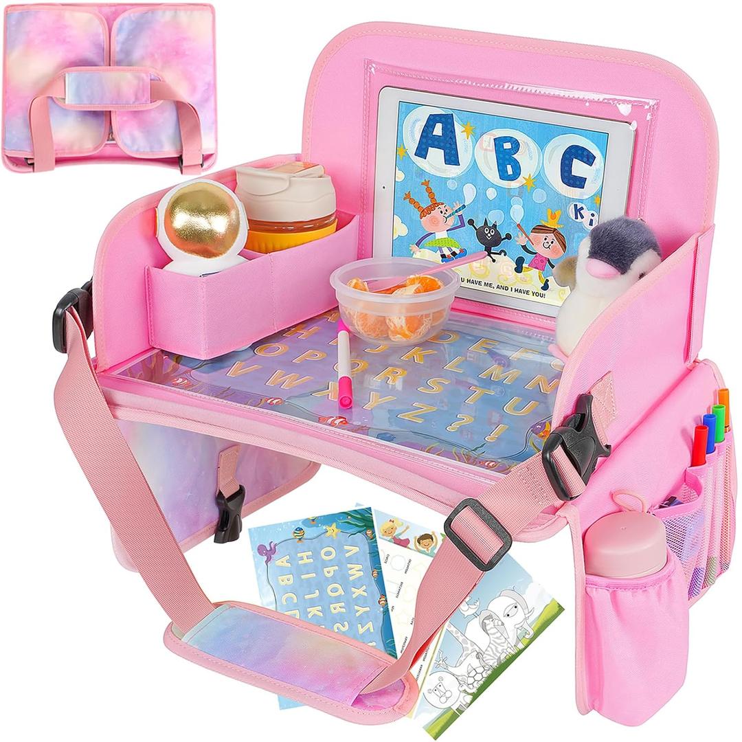 MENZOKE Kids Travel Tray, Car Seat Table Tray, Road Trip Essentials with Educational Drawing Board, Tablet Holder & Cooler Cup Holder, Travel Table for Kids Gifts in Car, Airplane, Multicoloured (MagicPink)