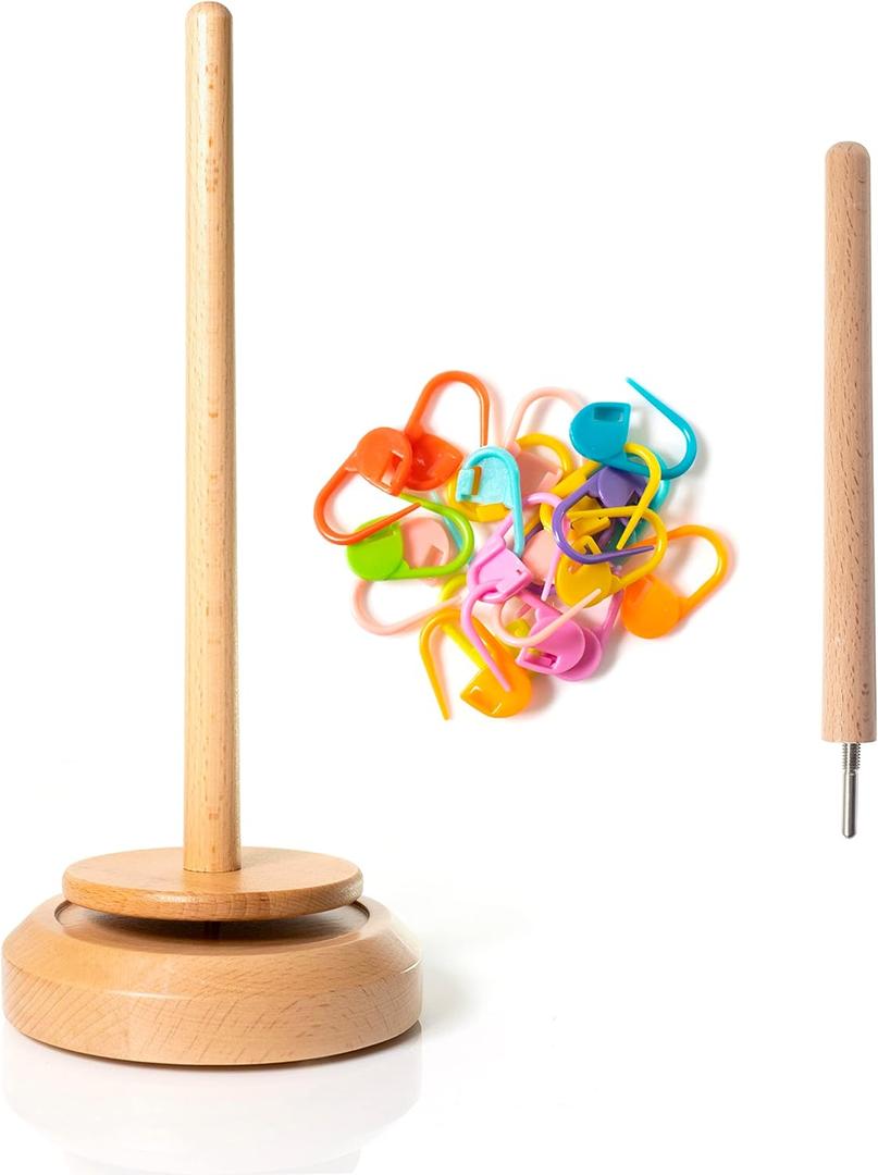 Birdtown Traders Single Yarn Spindle Holder - Thread Spinner Organizer for Knitting, Crocheting - Complete with 20 Piece Colorful Stitch Markers