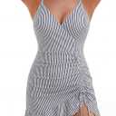 ZAFUL Womens One Piece Swimsuit Modest Tummy Control Bathing Suit Ruffle Swim Dress V Neck Drastring Swimwear (Medium, Black White Stripe)