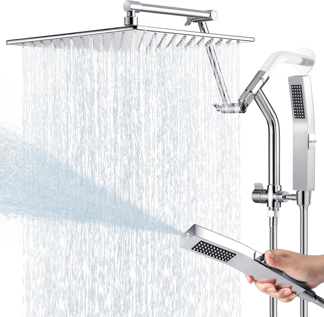 All Metal 10 Inch Rain Shower Head with Handheld Built-in Power Wash Mode, High Pressure Waterfall Rainfall Square Shower Heads with 16" Adjustable Extension Arm, Dual Showerhead(Chrome)