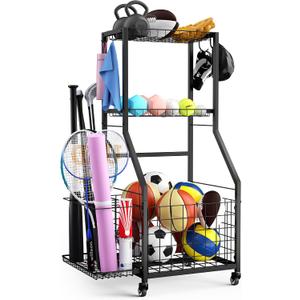 Sports Equipment Garage Organizer,Garage Ball Storage Rack for Sports with Wheels-Upgraded 3 Layers Sports Organizer Rack Outdoor Basketball Racks for Balls with Holder and Hooks