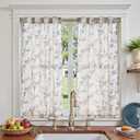 jinchan Floral Kitchen Curtains 45 Inch Linen Tier Curtains Farmhouse Cafe Half Window Drapes for Small Windows Light Filtering Blue on Beige for Living Room Bathroom Back Tab 2 Panels