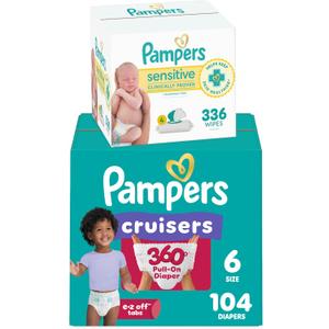 Pampers Pull On Cruisers 360 Fit Disposable Baby Diapers Size 6, 104 Count with Sensitive Water Based Baby Wipes 4X Pop-Top Packs (336 Count)