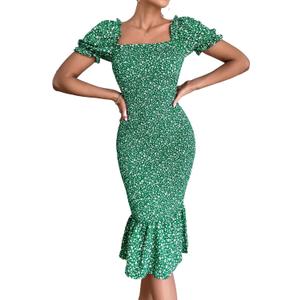 PRETTYGARDEN Bodycon Midi Dresses 2025 Summer Floral Puff Sleeve Mermaid Cocktail Baby Shower Photoshoot Maternity Dress (X-Large, Green)