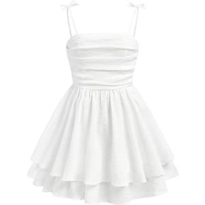 SHENHE Girl's Smocked Ruched A Line Swing Dress Layered Tie Shoulder Flowy Cami Short Dress (White)