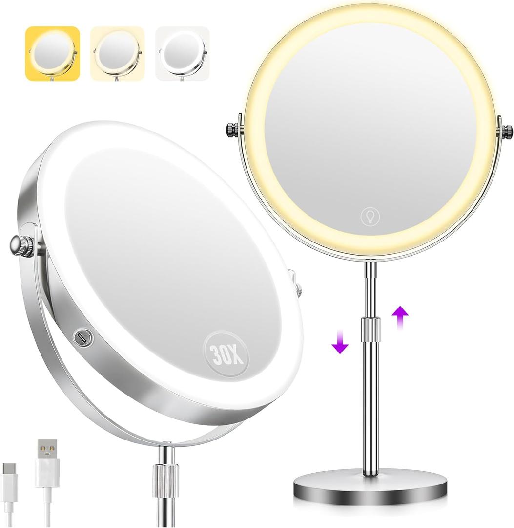 1X/30X Makeup Mirror with Lights, Brightness Adjustable with 3 Colors, Double Sided Magnifying Mirror with 360 Rotation, Lighted Makeup Mirror with Magnification, Ideal Gift for Women