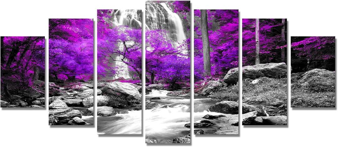 Kalormore 7 Pieces Large Purple Fall Forest Trees Canvas Wall Art Black White Waterfall Landscape Picture for Living Room Decoration