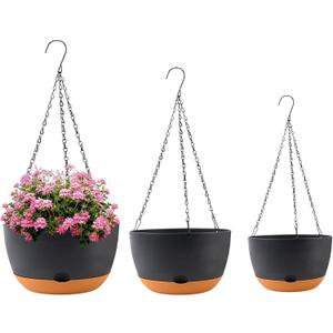 KPUVX 8/10/12 inch Plant Pot Hanging Planters Self Watering Pots for Indoor Plants, 3 Pack Plastic Hanging Basket with Removable Tray for Home Garden Porch Balcony Patio Decor (Black)
