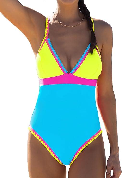 popvil Yellow and Deep Sky Blue Color Block One Piece Bathing Suit for Women V Neck Swimsuit Plunge Shell Trim Swimwear Tie Back, XXL