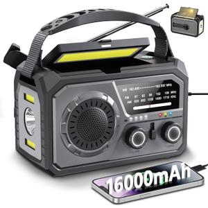 Emergency Radio Solar Crank Battery - 16000mAh/59200mWh Portable Survival Weather Radio AM FM NOAA Powered Phone Charger with LED Flashlight, Reading Lamp, SOS Alarm, Headphone Jack, Grey