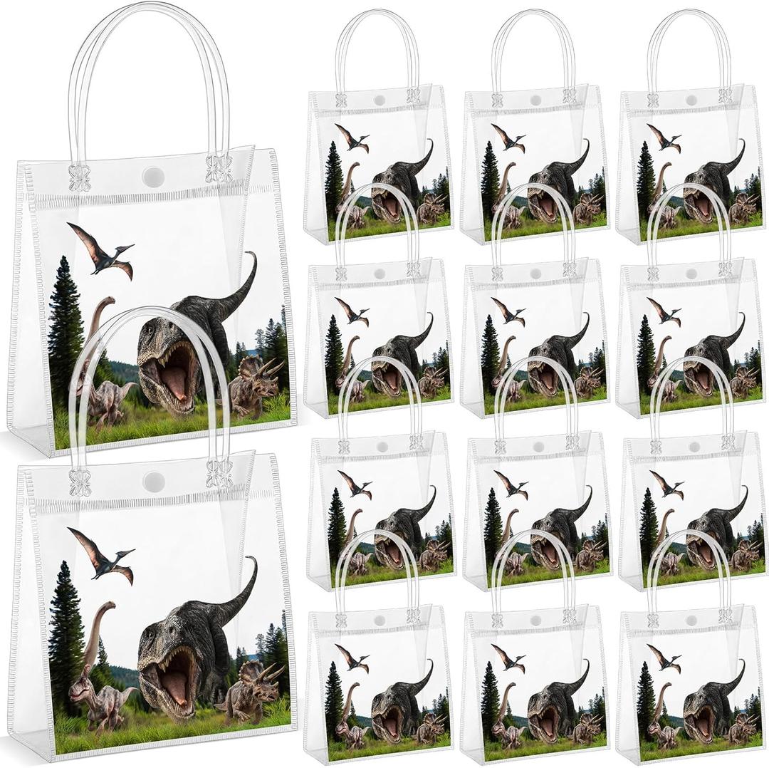 Reallnaive 24 Pcs Dinosaur Goodie Bags Plastic Clear Gift Tote Bags with Handles Dinosaur Themed Party Favor Goodie Holder PVC Handbags for Party Supplies Birthday Treat, 5.9 x 6.3 x 2.7'' (Authentic)