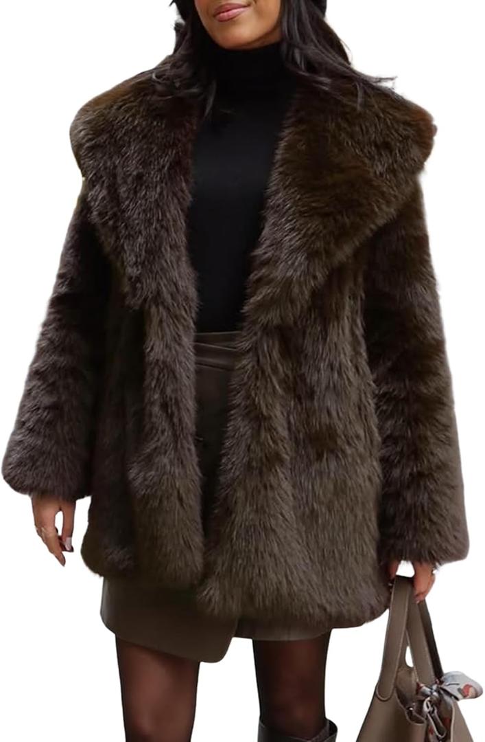 Wyeysyt Womens Faux Fur Coat Long Fluffy Shaggy Jacket Lapel Winter Furry Coats Fuzzy Outerwear(Brown-S)