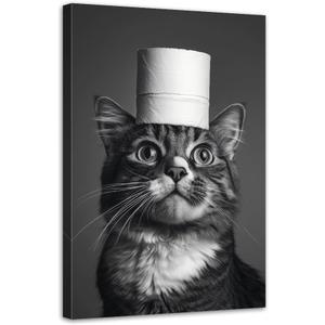 Funny Bathroom Canvas Wall Art Cute Cat Bathroom Picture Prints Black and White Animal Paintings for Toilet Washroom Decor Framed(Animal-3,16.00" x 24.00")