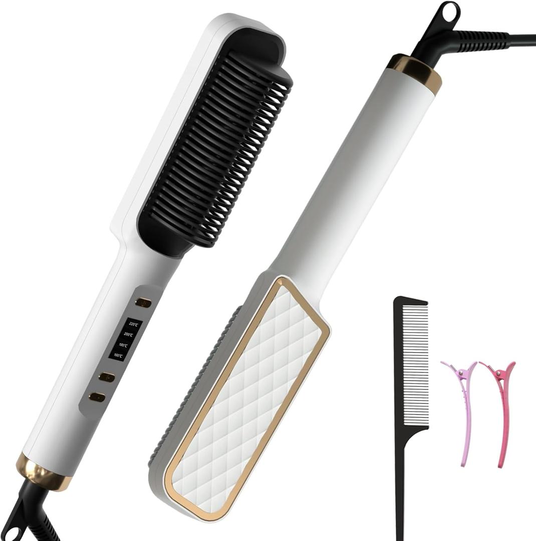 Hair Straightener Brush for Fine, Soft Hair, Ring Hair Straightener Comb with LED Display, Straightener Comb with 4 Temp Settings, Ceramic Plant Protein Coating, Negative Ion Hair Care, Gift for Women