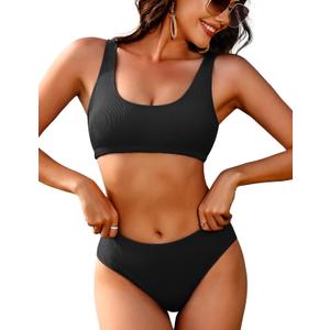 AI'MAGE Women Ribbed Bikini Sets Sporty Swimsuits Scoop Neck Two Piece Bathing Suits High Cut Bikini XS-XXL (Medium, Black)