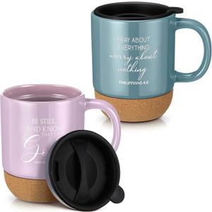 FillTouch 2 Pcs Christian Coffee Mug Mothers Day Appreciation Gift Bulk 15 oz Bible Verses Religious Inspirational Cup with Cork Bottom for Church Women Men Pastor Clergy Employee Teachers