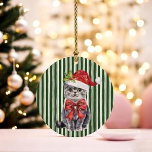 British Shorthair Cat Christmas Ornament Decorations, Cat Mom Lady Lovers Gifts, Green Striped Christmas Santa Kitten Holiday Decorative Hanging Ceramic Ornaments for Xmas Tree Party