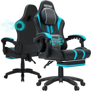 HOFFREE Gaming Chair Massage with Speakers Bluetooth and Footrest Big and Tall Video Game Chair for Heavy People 400lb with Massager for Adults Blue and Black