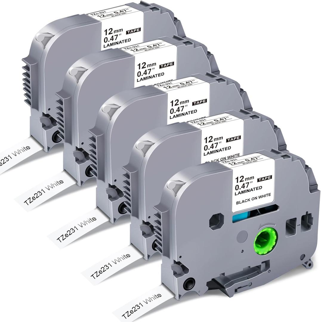 5Pack Replacement for Brother P-Touch Label Tape TZe-231 TZe231 12mm 0.47 Laminated White TZe TZ Label Refills Compatible with Brother Label Maker PT-D210 PT-D220 PT-H110 PT-D600 PT-D400, 8m 26.2ft (Black on White)