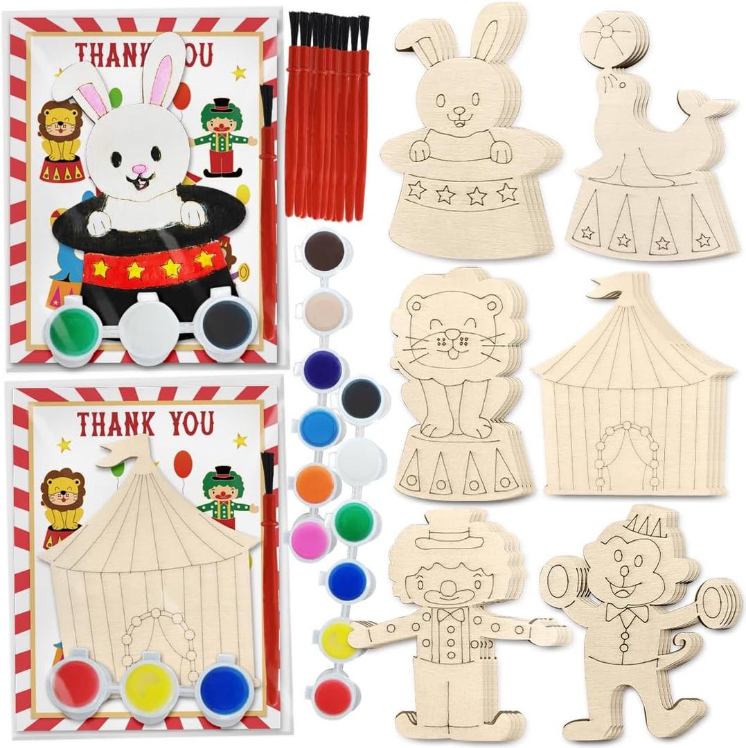 24 Pcs Circus Unfinished Wood Cutout Craft kits Circus Theme Party Decorations Carnival Party Favors Return Gifts for Birthday Party