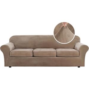 H.VERSAILTEX Velvet Plush 4 Piece High Stretch Sofa Slipcover Cover Furniture Protector Form Fit Thick Velvet Extra Large Sofa Cover for 3 Cushion Couch Width Up to 97 Inch (XL Sofa, Camel)