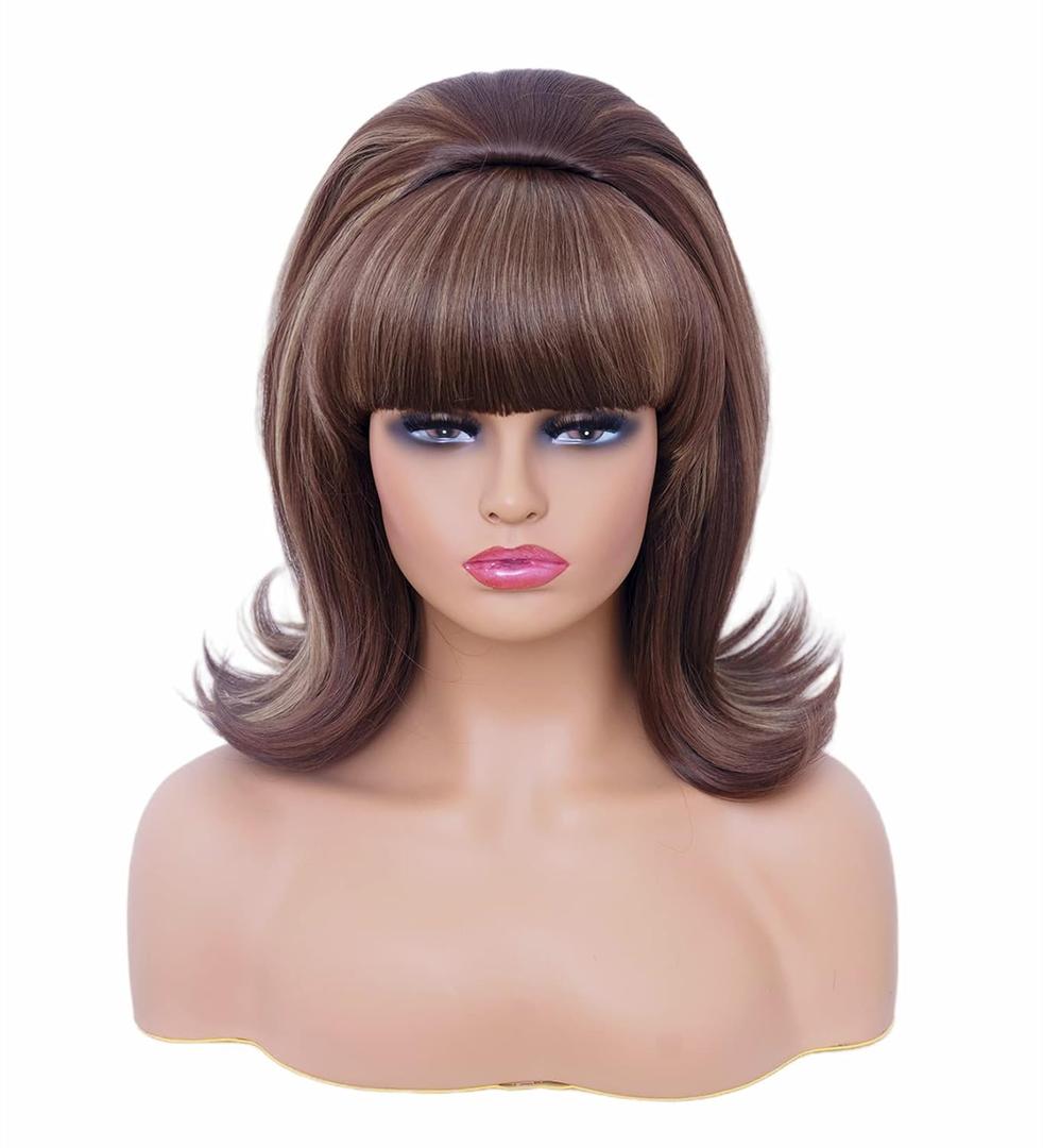 Rugelyss Short Brown Mixed Wig with Bang Retro Bouffant Beehive Wigs fits 80s Costume or Halloween Party
