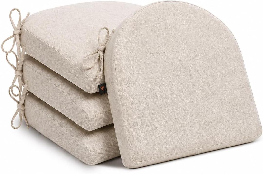 Memory Foam Chair Cushions for Dining Chairs, 2.5" Thick Seat Cushions for Kitchen Chairs, D-Shaped Chair Pads with Washable Cover, Ties and Non Slip Backing, 17'' x 16'', Set of 4, Beige, 4 Count