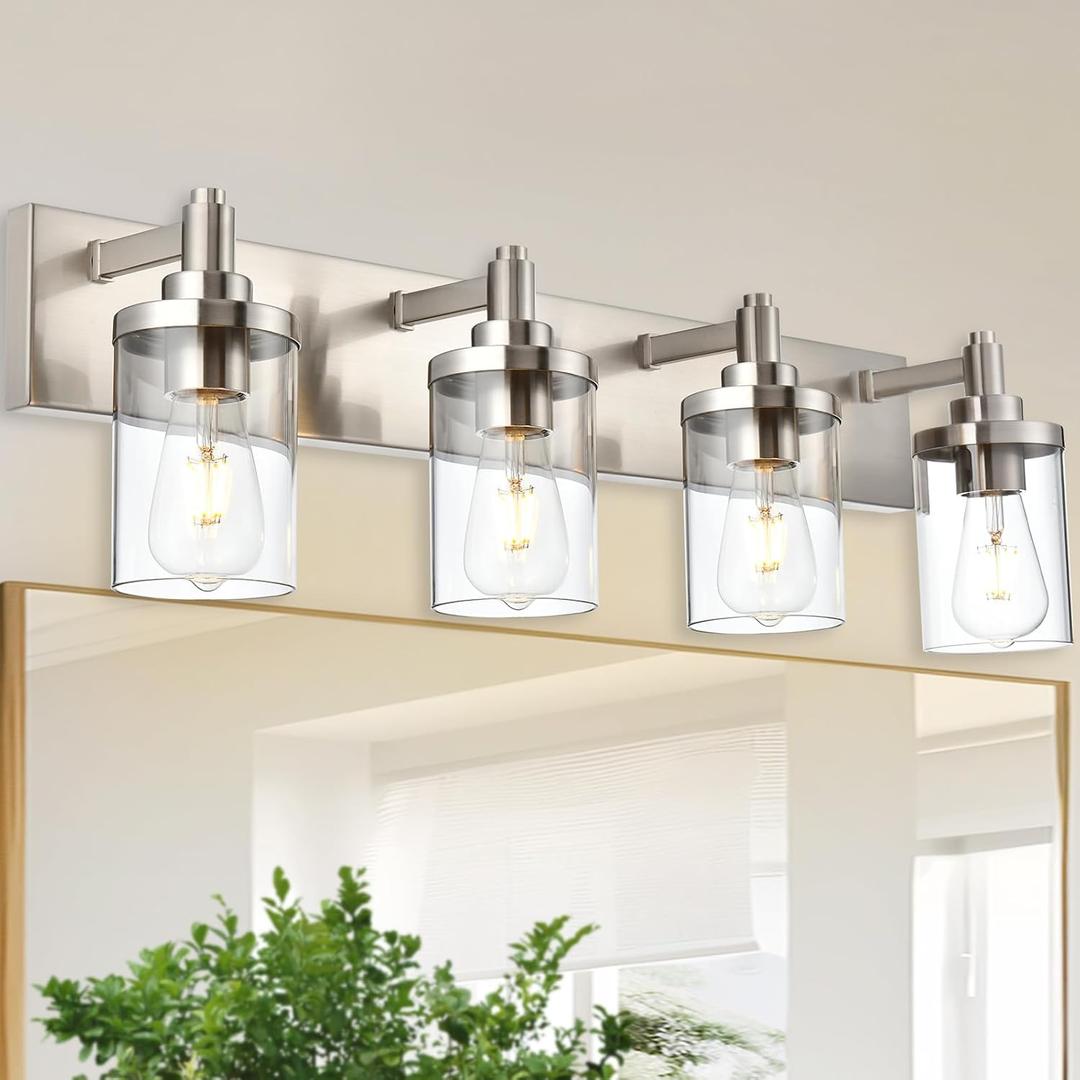 4-Light Bathroom Lighting Modern Brushed Nickel Vanity Light Fixture Over Mirror,E26 Base Industrial Wall Lamp with Clear Glass Shade Wall Sconce for Bathroom,Hallway, Makeup Dressing Table